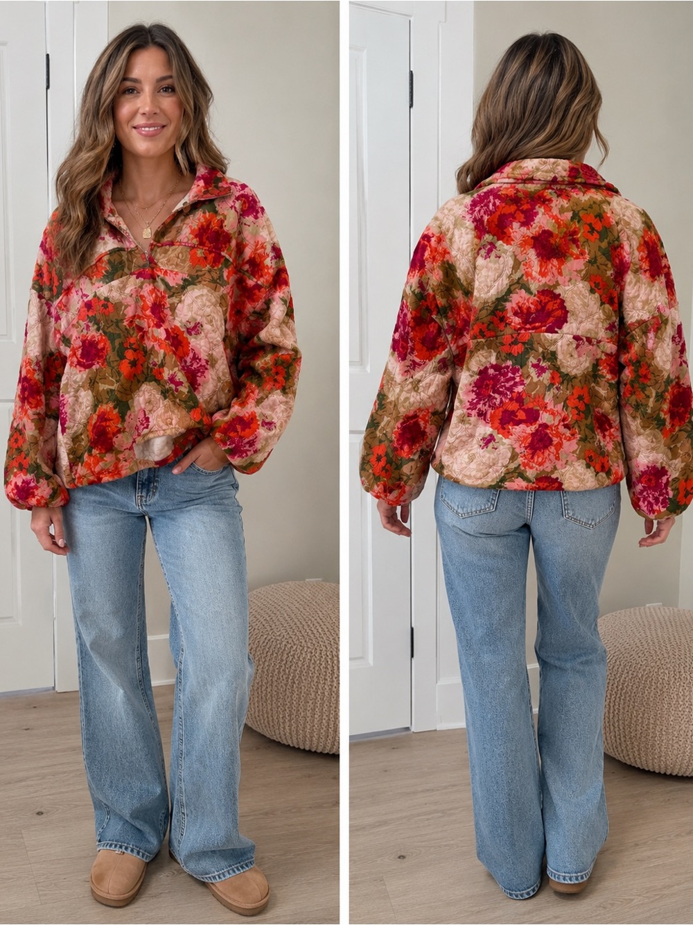 Floral Plush Half-Zip Jacket - Pink Multi